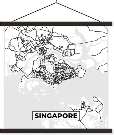 Posterhanger incl. Poster 60x60 cm - Schoolplaat - Singapore - Plattegrond - Stadskaart - Zwart Wit - Kaart - Textielposter - Zwarte latten - Stadskaart