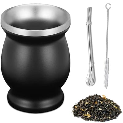 beker, Mate thee set, bekerset van roestvrij staal, met rietje en reinigingsborstel, dubbelwandig, 230 ml, voor gebruik in huishoudens, restaurants en hotels, cadeaus voor vrienden, zwart