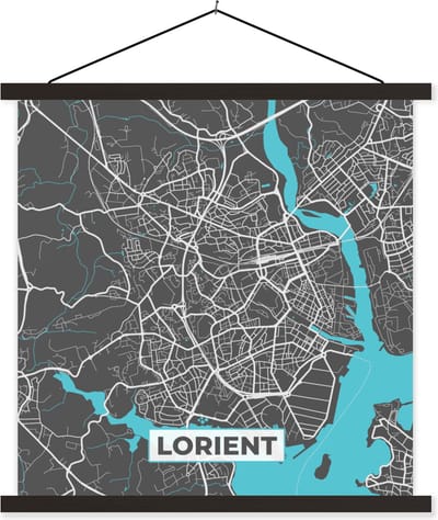 Posterhanger incl. Poster 60x60 cm - Schoolplaat - Lorient - Frankrijk - Kaart - Plattegrond - Stadskaart - Textielposter - Zwarte latten - Stadskaart