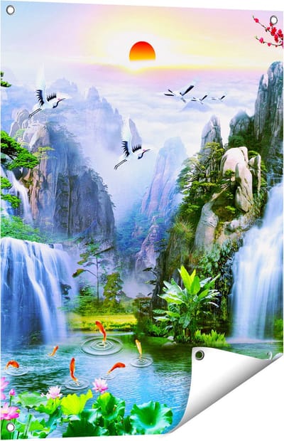 Gards Tuinposter Watervallen in de Bergen - Abstract - 60x80 cm - Tuindoek - Tuindecoratie - Wanddecoratie buiten - Tuinschilderij
