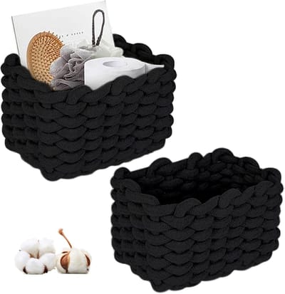 2 stuks, opbergdoos van touw, 19 x 15 x 12 cm, opbergdoos, gevlochten opbergmand, decoratieve manden, voor slaapkamer, woonkamer, make-up en badkamer (zwart)