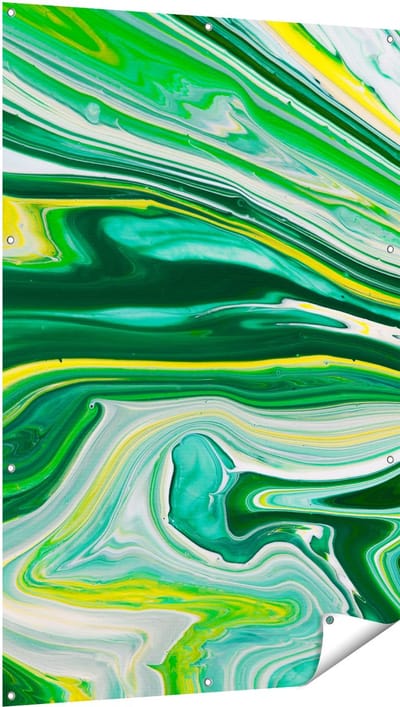 Gards Tuinposter Abstracte Kunst - Groen met Gele Verf - 100x150 cm - Tuindoek - Tuindecoratie - Wanddecoratie buiten - Tuinschilderij