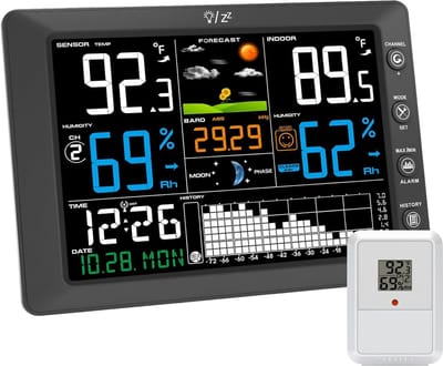 Weerstation Draasloos Binnen/Buiten - Weerstation - Zwart - DCF Radio Klok - Groot Kleuren Display - Voor Binnen en Buiten