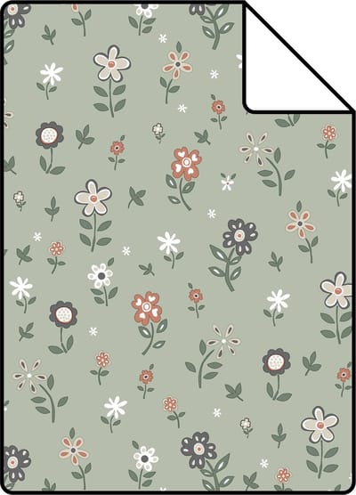 Proefstaal ESTAhome behang bloemetjes vergrijsd groen - 26.5 x 21 cm - 139287-S
