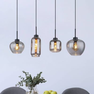 Globo - hanglamp - Matt - zwart - glas smoke glas - grote eettafellamp - E27 - 15549-4SH