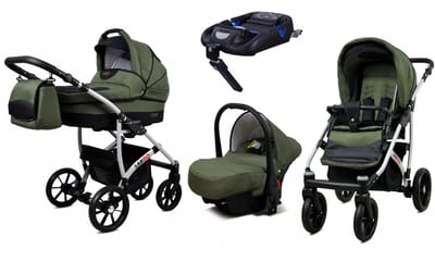 BabyLux® Kinderwagen 4in1 – LARGO - OLIVE BLACK SILVER FRAME - Opklapbare Wandelwagen incl. Reiswieg, Multifunctionele Buggy Sportstoel, Autostoel, ISOFIX basisstation - Combi-kinderwagen met Luiertas, Regenhoes, Klamboe