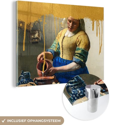 MuchoWow® Glasschilderij 160x120 cm - Schilderij acrylglas - Melkmeisje - Goud - Vermeer - Foto op glas - Schilderijen