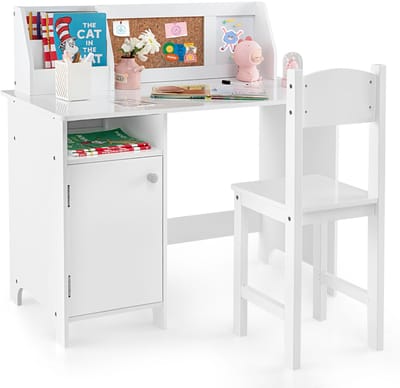 COSTWAY Kinderbureauset, bureau voor kinderen met stoel van hout, leerlingbureau met boekenkast, kast en prikbord, jeugdbureau voor kinderen vanaf 3 jaar, wit