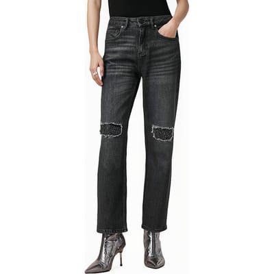 AllSaints Ida Cropped Emb Jean Black Maat: W32 | Straight Jeans Outlet | Dames | Zwart