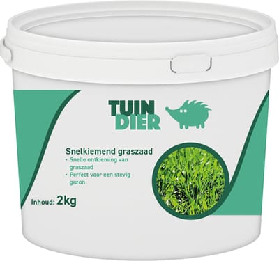 Snelkiemend graszaad | Tuin-Dier | Snel opkomend graszaad, geschikt voor inzaaien of bijzaaien | 3 jaar kiemkracht door handige bewaaremmer | 2.000 gram | 2 kilogram