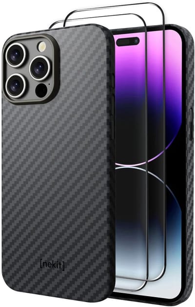 NEKIT Fiber Hoesje met 2-Pack Screenprotector Geschikt voor Apple iPhone 14 Pro | Compatibel met MagSafe & Qi2 | Kevlar Back Cover | GRS Gerecycled Glas | 9H+ Gehard | met Installatiebox | Zwart