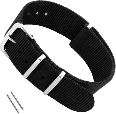 Nylon Horlogeband voor Mannen en Vrouwen, Vervangende Militaire Straps met 4 Ringen, Zwart met Zilveren Gesp, 18mm, Duurzaam en Comfortabel voor Dagelijks Gebruik