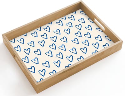 Dienblad hout 40x30 cm - Schootdienblad - Hartjes patroon - Blauw - Beige - Liefde - Borrelplank rechthoek - Plateau dienbladen