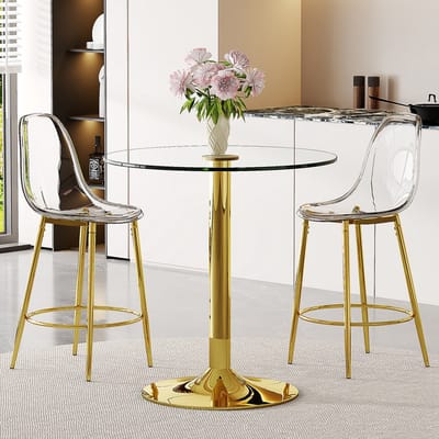 OKWISH Bartafelset 89 Cm - Met 2 Transparante Barkrukken - Voor Open Keuken En Barhoek - Metaal Kunststof - Goud