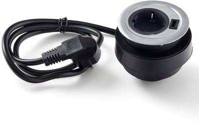 SOTECH inbouwstopcontact (1 x USB-aansluiting / 1 x veiligheidsstopcontact) rond Ø 85 mm look geborsteld roestvrij staal dubbele contactdoos incl. aansluitsnoer met stekker voor werkbladen