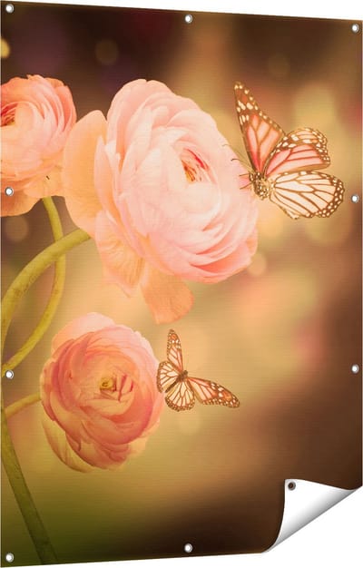 Gards Tuinposter Twee Roze Vlinders bij Roze Rozen - 90x120 cm - Tuindoek - Tuindecoratie - Wanddecoratie buiten - Tuinschilderij