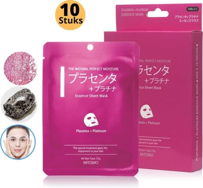 Mitomo Platinum en Placenta Essence Gezichtsmasker - Vermindert Stress Rimpels en Huidveroudering - Face Mask - Gezichtsverzorging Masker - 10 x 25g