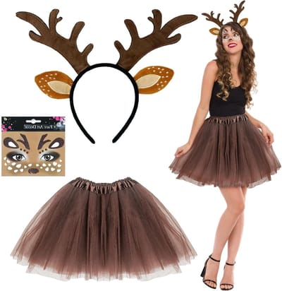 Drie-delige kostuumset met rendierhoofdband, dierenoren, gezichtstatoeages en tutu voor carnaval en Halloween cosplay