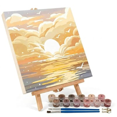 Geel schilderen op nummer set canvas schilderpakket zonsondergang zee landschap inclusief verf en penselen beide DIY schilder set