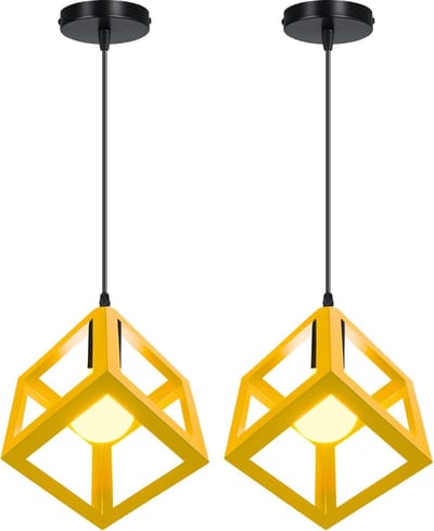 2 Stuks Hanglamp E27 Modern Kroonluchter Geometrische Plafondlamp voor Slaapkamer Woonkamer Keuken Geel