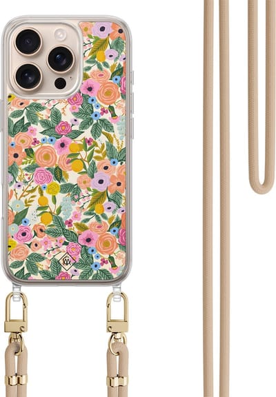 Casimoda® hoesje met koord - Geschikt voor iPhone 16 Pro - Pink Garden - Afneembaar koord - TPU/polycarbonaat - Roze