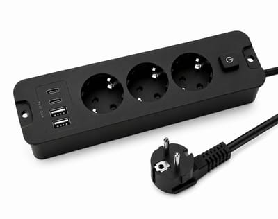 Intelectronics Inbouw Stekkerdoos met USB-C - 3-Voudige Tafelcontactdoos met 2 USB-A en 2 USB-C - 4000W/16A - Met Schakelaar en Bevestigingsset - 2 Meter Kabel - Zwart