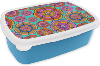 Broodtrommel Blauw - Lunchbox Design - Flower Power - Kleuren - Brooddoos 18x12x6 cm - Brood lunch box - Broodtrommels voor kinderen en volwassenen