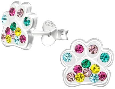 Joy|S - Zilveren kat hond dierenpoot oorbellen - 9 x 8 mm - zilver met multicolor kristal - kinderoorbellen