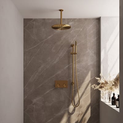 Brauer Gold Edition thermostatische inbouw regendouche met drukknoppen SET 66 met 30 cm douchekop en plafondarm en staaf handdouche en doucheslang en geïntegreerde glijstang goud geborsteld PVD