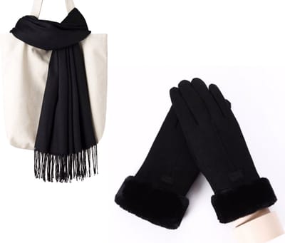 Winterset Zwart - Zwarte Sjaal 200*70cm + Zwarte Handschoenen Maat M
