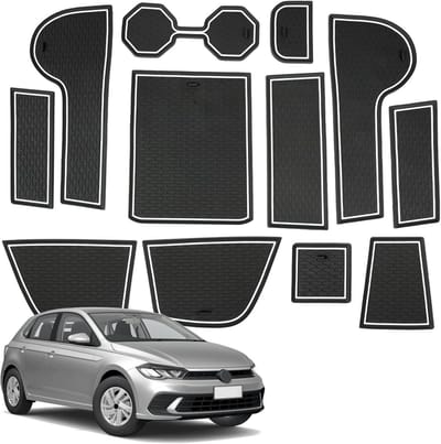 Niet-slipmatten voor auto, geschikt voor VW Polo MK6 (2017-2025), rubberen mat voor middenconsole, bekerhouder en deuruitsparingen, ideaal voor bescherming en grip