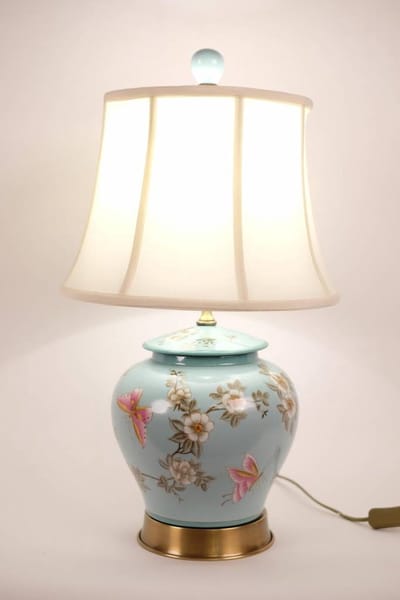 Fine Asianliving Chinese tafellamp Porselein Turquoise Handbeschilderd Bloesems D35xH63cm
