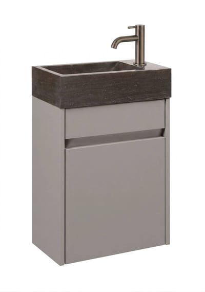 Saqu Florence fonteinmeubel mat greige incl. natuurstenen fontein en gunmetal kraan rechts