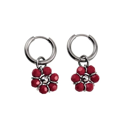 ∅14mm x 2mm Oorringen Dames - Gepolijst RVS - Doffe Rode Gefacetteerde Kristallen Bloem Hanger - Bungelende Oorbellen