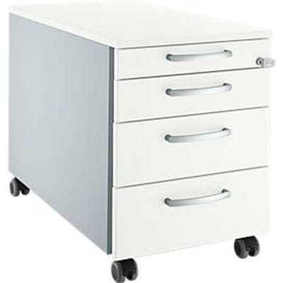Verrijdbaar ladeblok 1233 - 4 laden – afsluitbaar - B 435 x D 765 x H 577 mm - wit en blank aluminium – ons merk Schäfer Shop Select