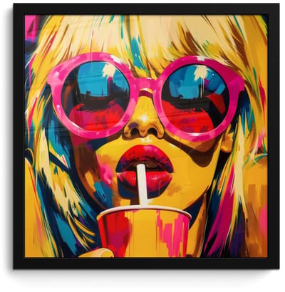 Poster in lijst - Fotolijst 40x40 cm - Posters - Zonnebril - Roze - Vrouw - Rietje - Posterlijst zwart - Decoratie - Wanddecoratie woonkamer - Muurdecoratie slaapkamer