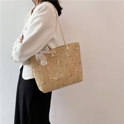 Sac Tootsie pour femme Paille Dentelle Montant Sac à bandoulière Nœud Tricot Sac à main Mode Décontracté Sac Grande Capacité 26*9*24cm brown
