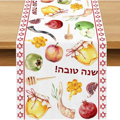 Rosh Hashanah Linnen Tafelkleed Feestdecoratie Shana Tova Honing Schapenhoorn Granaatappel Tafelkleed Joods Nieuwjaar Decor 150x33cm beige