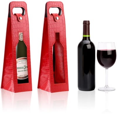 Dailygoods - Rode holle wijn draagtassen, 2 stuks herbruikbare lederen wijntas, wijnzak, dubbele wijntas, geschenktas, krokodillengraan, wijn geschenkzakje voor picknick, reizen, feest, verjaardag (2, rood