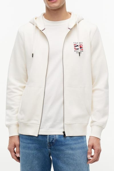 Tommy Hilfiger Flag Embroidery French Terry Zip-thru Hoody Ivory Petal Größe: XL | Kaputzenpullis Outlet | Herren | Weiß