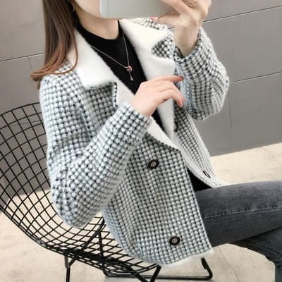 Veste Épaissie Style Petit Parfum Imitation Velours Vison pour Femmes Nouvelle Version Coréenne Polyvalente Printemps et Automne Manteau Court Épais en Laine 3XL