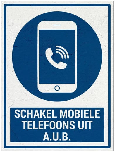 Schakel mobiele telefoons uit aub bord met tekst | Sign Again materiaal | 28 x 21 cm