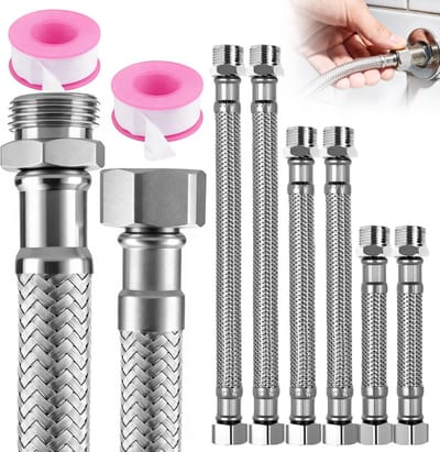 3/8 inch roestvrijstalen flexibele slangenset - 6 stuks flexibele slang 3/8 (10 cm/20 cm/30 cm) + 2 afdichtingstapen, roestvrije pantserslang 3/8 inch voor kraan, hoekventiel, keuken, badkamer