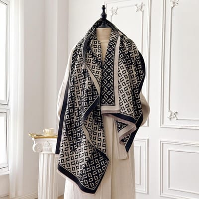 Châle d'hiver de luxe en cachemire pour femme - Motif vintage allover imprimé avec franges, Écharpe Pashmina & Bandana gray