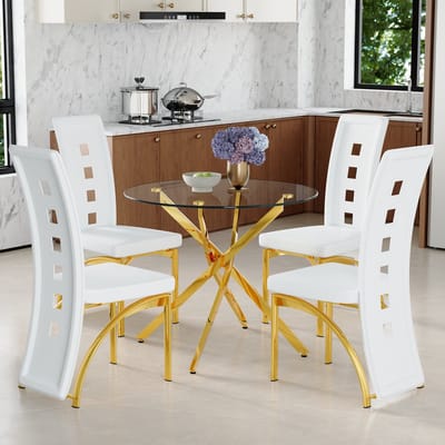 Tafel- en stoelenset. Luxe eettafel van 88 cm van gehard glas + 4 witte eetkamerstoelen met een geometrisch geperforeerd patroon van kunstleer. Moderne, minimalistische set bestaande uit 1 tafel en 4 stoelen.