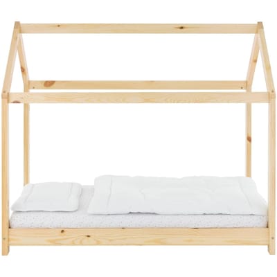 Kinderbed huisbed 70x140 cm van grenenhout incl. matras H-10cm houten bed met dak en lattenbodem ML design
