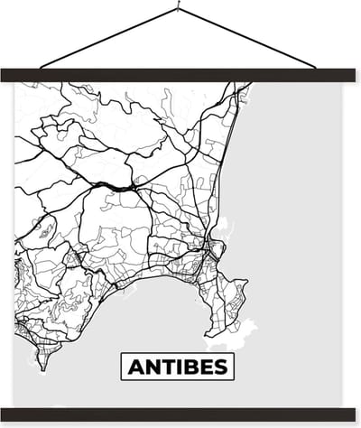 Posterhanger incl. Poster 60x60 cm - Schoolplaat - Stadskaart - Plattegrond - Antibes - Kaart - Frankrijk - Zwart wit - Textielposter - Zwarte latten - Stadskaart