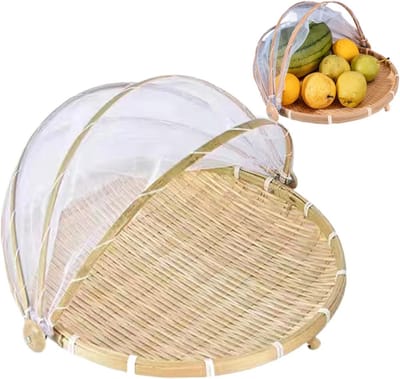 Ronde bamboe fruitmand met stofdichte gaasafdekking en deksel