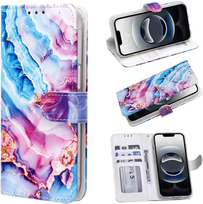 Casemania Hoesje Geschikt voor Apple iPhone 16e - Lila Marmer Print - Portemonnee Bookcase met Pasjeshouder en Standaardfunctie - Wallet case met Ingebouwde Kaarthouders
