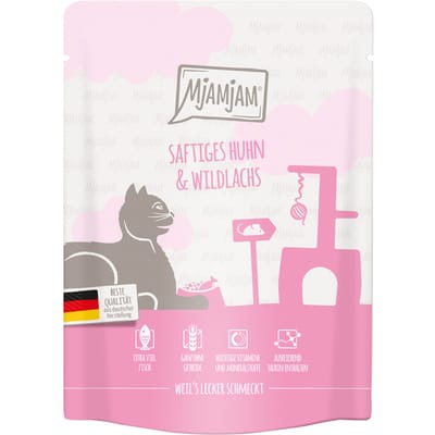 24x 300g MjAMjAM Squeeze Sappige Kip en Wilde Zalm Natte kattenvoer